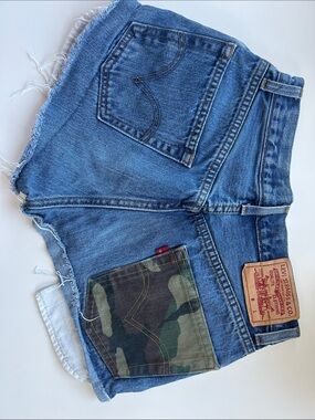 Levi's Blue Denim Cutoff Shorts with Green Camo Pocket